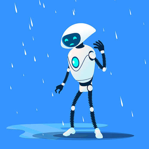 Sad Brocken Robot On Rain Vector. Illustration