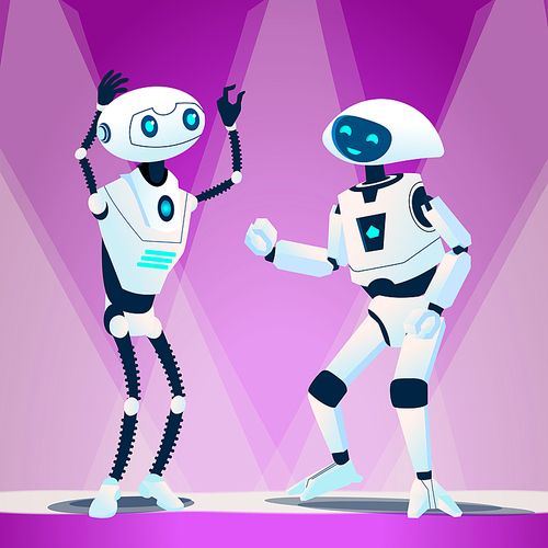 Two Robots Dancing At Disco Vector. Illustration