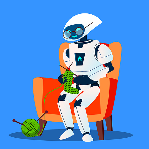 Old Robot With Glasses Knitting A Sock Vector. Illustration