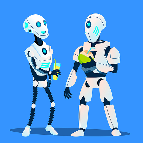 Two Robots Drinking Cocktails And Talking Vector. Illustration