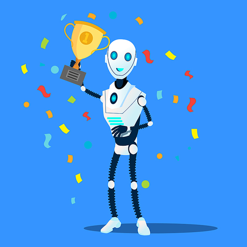 Robot Holds The Winner Cup In Hand Vector. Illustration