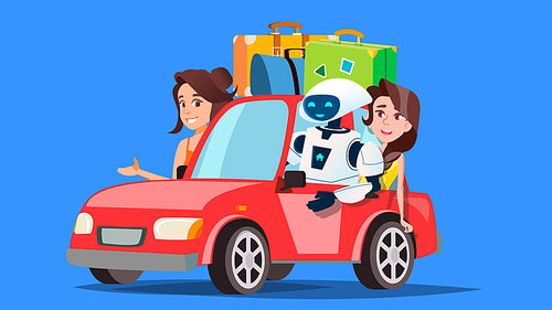 Robot And People Travelling By Car With Suitcases Vector. Autonomous Car. Illustration