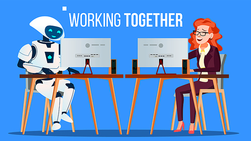 Robot Working In The Office At Computer Desk With People Vector. Illustration