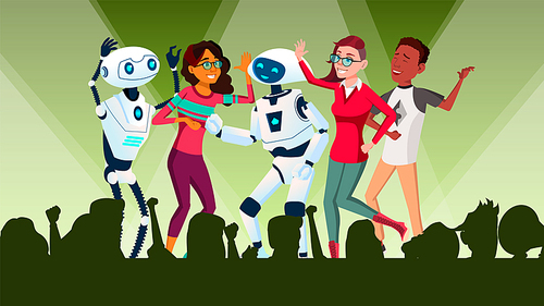 Robots Dancing At Disco With People Vector. Illustration