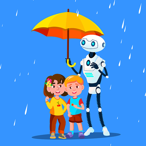 Robot Keeps An Open Umbrella Over Little Child During The Rain Vector. Illustration