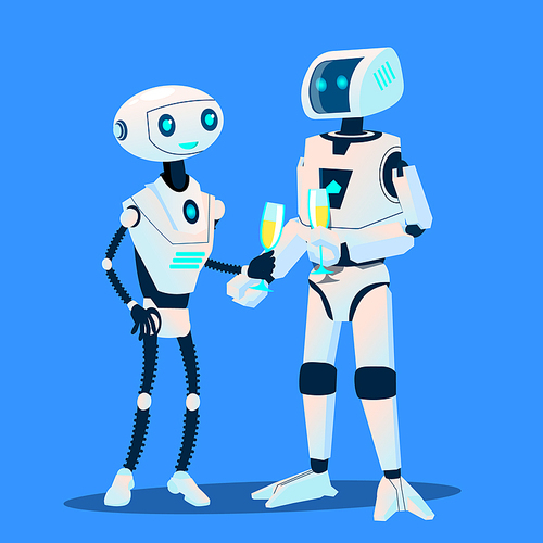 Two Robots In Love Are On Date With Glasses Of Champagne Vector. Illustration