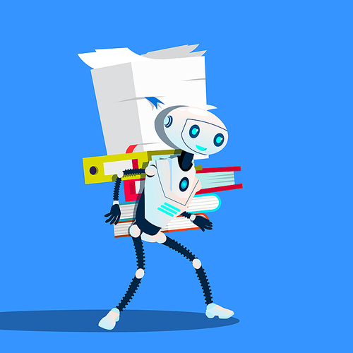 Robot Is Carrying Stack Of Office Folders Vector. Illustration
