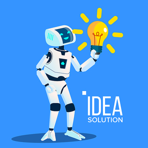 Smart Robot With Yellow Bulb Find An Idea, Solution Vector. Illustration