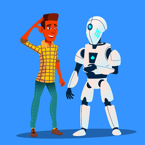 Robot Talking With Friend Man Vector. Illustration