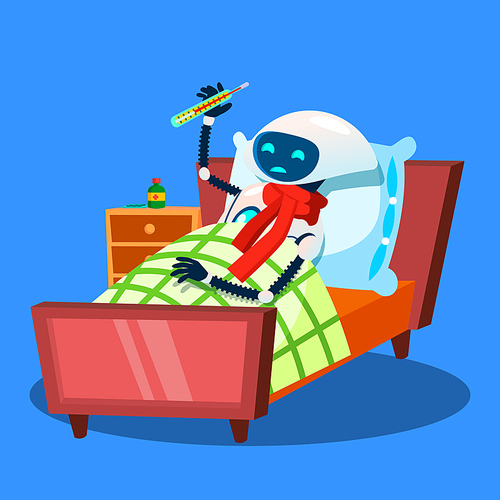 Ill Robot With Warm Scarf Around Neck And Thermometer In Mouth Vector. Illustration