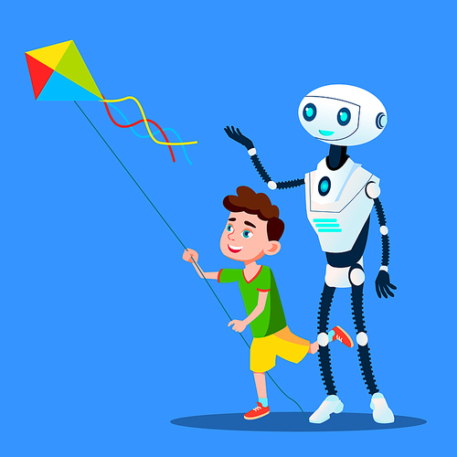Robot With Child Fly A Kite Vector. Illustration