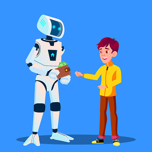 Robot Gives Money To Child Vector. Illustration