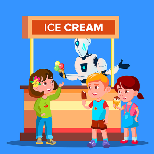 Robot Sells Ice Cream To Happy Boys And Girls Vector. Illustration