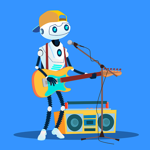 Robot Playing Guitar And Singing Vector. Isolated Illustration