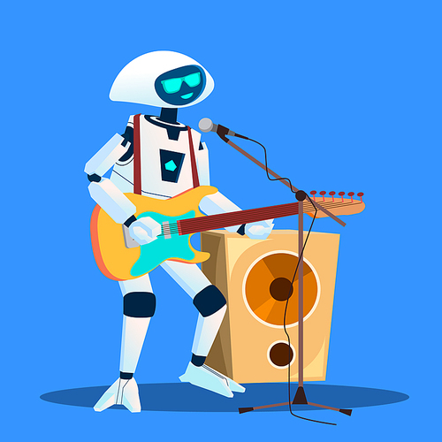 Robot Playing Guitars And Singing At The Street Vector. Isolated Illustration