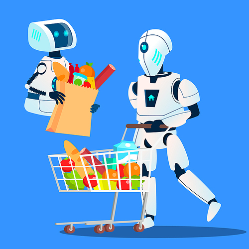 Sales, Robot Going With Large Shopping Bags With Goods In Hand Vector. Illustration