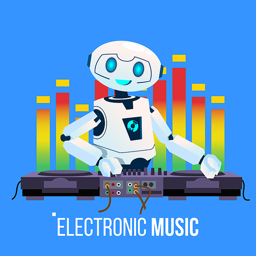Robot Dj Leads The Party Playing Electronic Music In Night Club Vector. Isolated Illustration