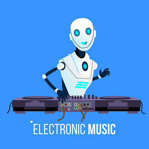 Robot Dj Leads The Party Playing Electro Music At Mixing Console In Night Club Vector. Isolated Illustration
