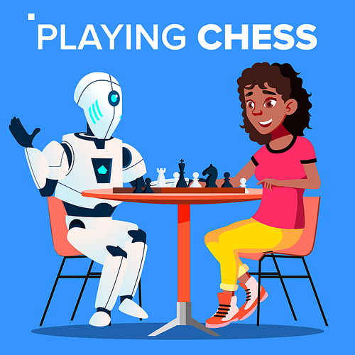Robot Playing Chess With Woman Vector. Illustration