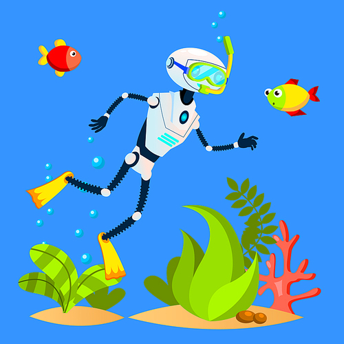 Robot Tourist Swimming Among Fish With Diving Mask Vector. Illustration