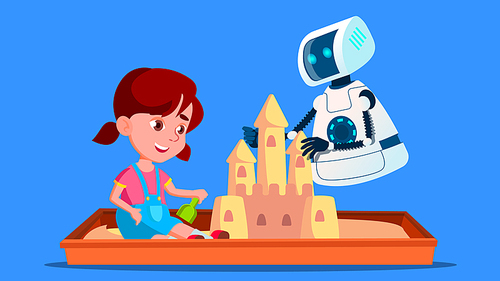 Robot Builds A Sand Castle With Little Child On The Sandbox Vector. Illustration