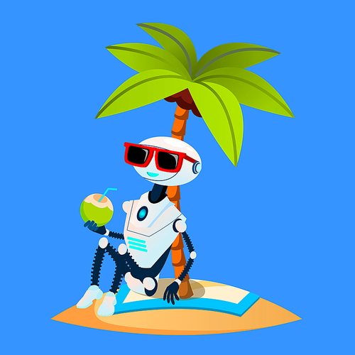Robot On Vacation Sunbathes Under Palm On The Beach Vector. Illustration