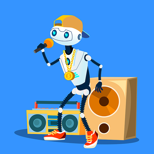 Robot Rapper In Cap, Glasses And Pendant On Chest Vector. Illustration