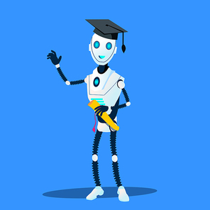 Smart Robot In Graduate Cap And Diploma In Hands Vector. Illustration