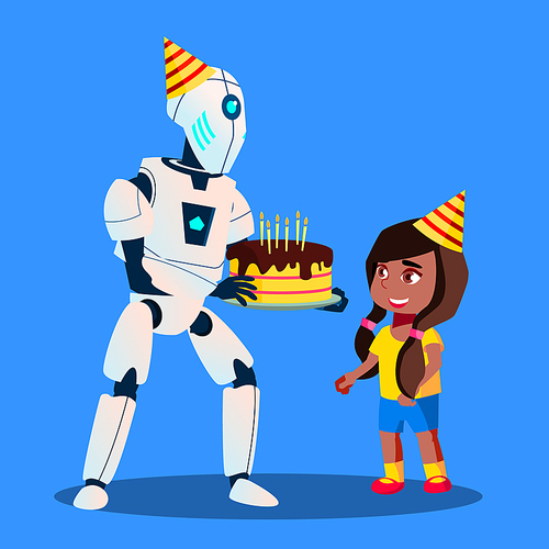 Robot With Birthday Cake In Hands At Celebration Vector. Illustration