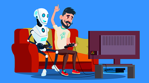 Robot Playing Video Game With Friend Vector. Illustration