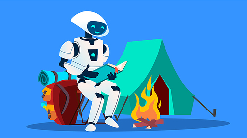 Robot Reading A Book Near Fireplace Vector. Illustration