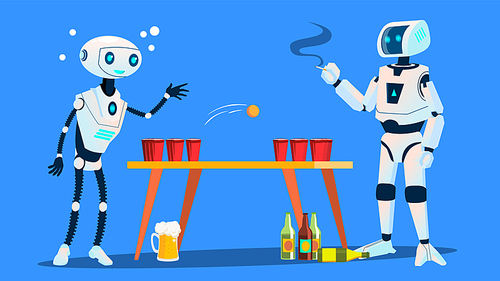 Two Robots Playing Beer Pong On Party Vector. Illustration
