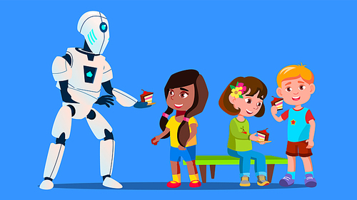 Robot Treats Children To Cakes Vector. Illustration