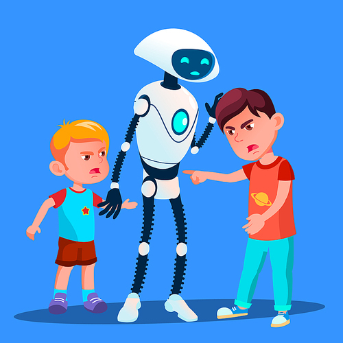 Robot Sets Apart Two Boys Fighting Kids Vector. Illustration