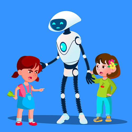 Robot Sets Apart Two Girls Fighting Kids Vector. Illustration