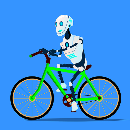 Robot Riding A Bicycle Vector. Illustration