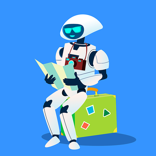 Tourist Robot With Camera And Map Vector. Illustration