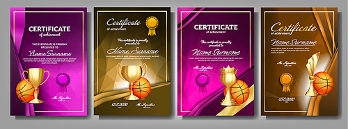 Basketball Game Certificate Diploma Golden Cup Set Vector. Sport Award Template. Achievement Design. Honor Background. A4 Vertical. Champion. Best Prize. Winner Trophy. Template Illustration