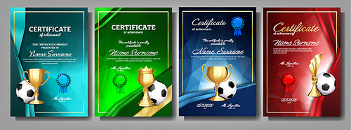 Soccer Game Certificate Diploma With Golden Cup Set Vector. Football. Sport Award Template. Achievement Design. A4. Graduation. Champion. Best Prize. Winner Trophy. Template Illustration