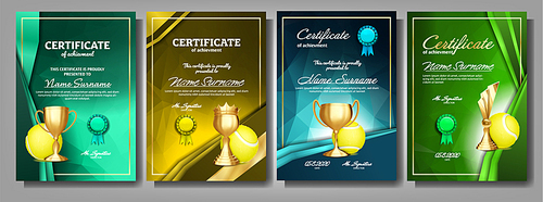 Tennis Game Certificate Diploma With Golden Cup Set Vector. Sport Award Template. Achievement Design. Honor Background. A4 Vertical. Champion. Best Prize. Winner Trophy. Template Illustration