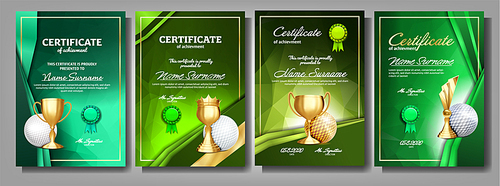 Golf Game Certificate Diploma With Golden Cup Set Vector. Sport Award Template. Achievement Design. Honor Background. A4 Vertical. Graduation. Elegant Document. Champion. Best Prize. Illustration