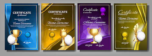 Volleyball Game Certificate Diploma With Golden Cup Set Vector. Sport Award Template. Achievement Design. Honor Background. A4 Horizontal. Graduation. Champion. Best Prize. Winner Trophy. Illustration