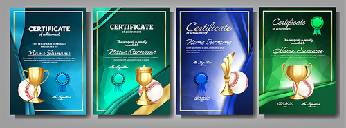 Baseball Game Certificate Diploma With Golden Cup Set Vector. Sport Award Template. Achievement Design. Honor Background. A4 Vertical. Champion. Best Prize. Winner Trophy. Template Illustration