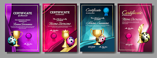 Bowling Game Certificate Diploma With Golden Cup Set Vector. Sport Award Template. Achievement Design. Honor Background. A4 Horizontal. Graduation. Elegant Document. Champion. Best Prize. Illustration