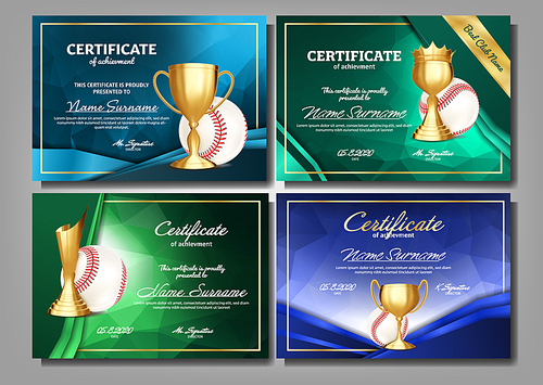 Baseball Game Certificate Diploma With Golden Cup Set Vector. Sport Award Template. Achievement Design. Honor Background. A4 Elegant Document Champion. Best Prize. Winner Trophy. Template Illustration