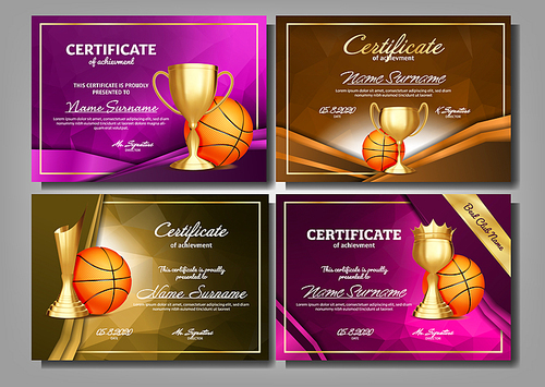 Basketball Game Certificate Diploma Golden Cup Set Vector. Sport Award Template. Achievement Design. Honor Background. A4 Horizontal. Champion Best Prize. Winner Trophy. Template Illustration