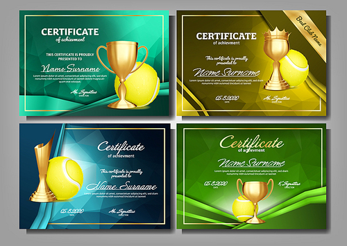 Tennis Game Certificate Diploma With Golden Cup Set Vector. Sport Award Template. Achievement Design. Honor Background. A4 Horizontal. Graduation. Elegant Document. Champion. Template Illustration