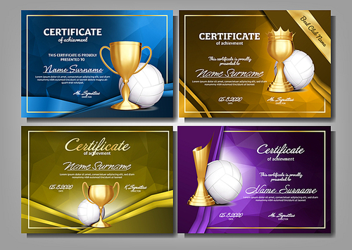Volleyball Game Certificate Diploma With Golden Cup Set Vector. Sport Award Template. Achievement Design. Honor Background. A4 Horizontal. Graduation. Elegant Document. Champion. Illustration