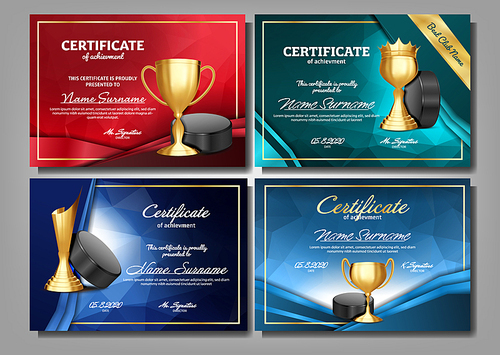 Ice Hockey Game Certificate Diploma With Golden Cup Set Vector. Sport Award Template. Achievement Design. Honor Background. A4 Graduation. Document. Champion. Banner Advertising. Template Illustration