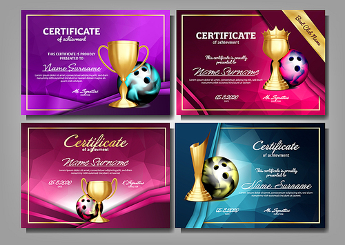 Bowling Game Certificate Diploma With Golden Cup Set Vector. Sport Award Template. Achievement Design. Honor Background. Champion. Best Prize. Winner Trophy. Template Illustration